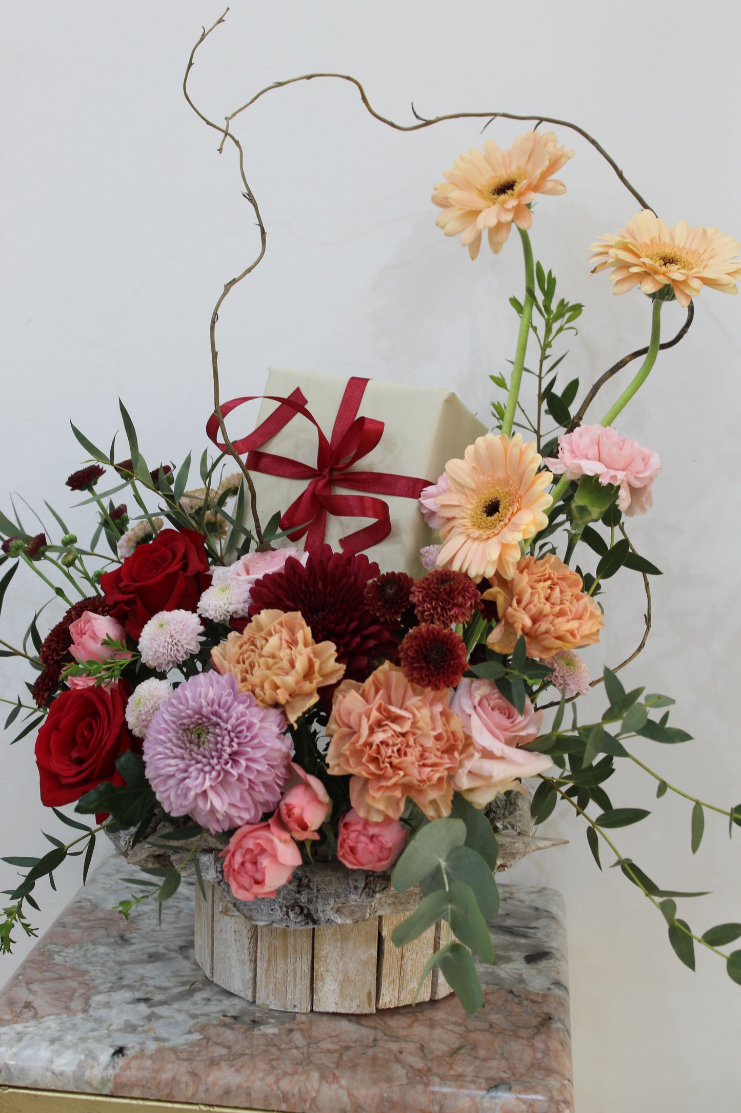Fairy wooden basket with assorted flowers arrangement for Gift