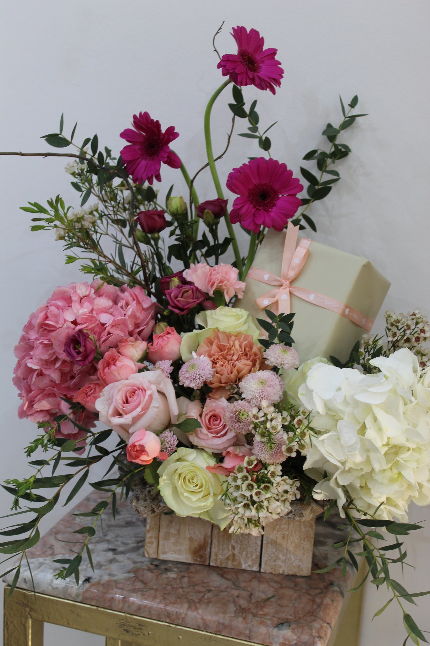 Fairy wooden basket with hydrangea arrangement for Gift