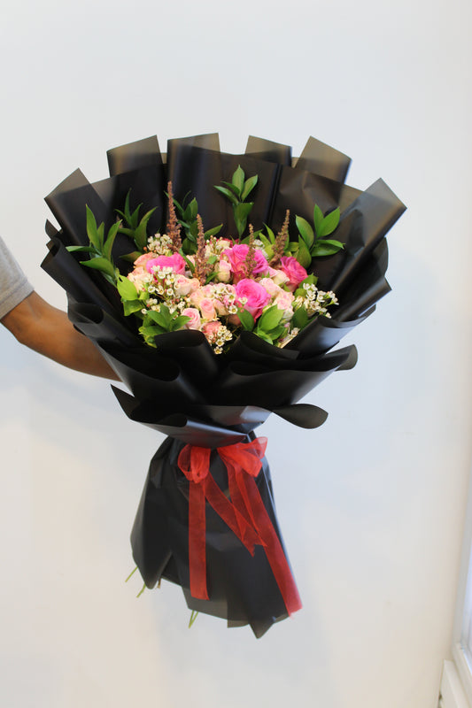 Pink Rose Bouquet With Black Wrapper