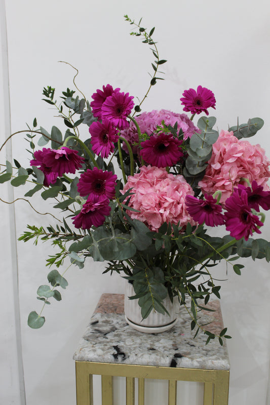 Elegant Congratulations pot with Purple pink Bouquet