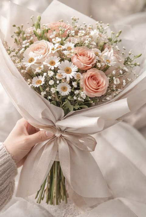 Pink roses with Aster and gypsum touched